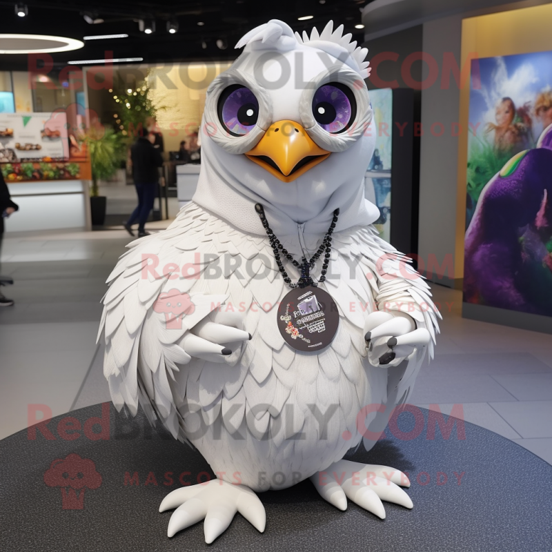 White Peacock mascot costume character dressed with a Hoodie and Necklaces White Peacock mascot costume character dressed with a Hoodie and Necklaces