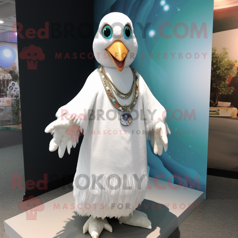 White Peacock mascot costume character dressed with a Hoodie and Necklaces White Peacock mascot costume character dressed with a Hoodie and Necklaces