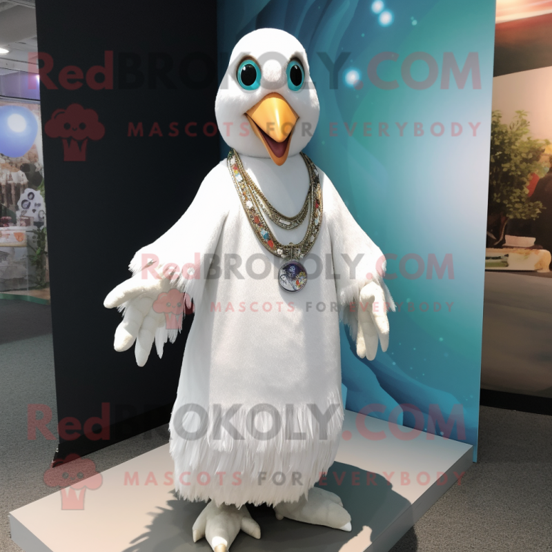 White Peacock mascot costume character dressed with a Hoodie and Necklaces