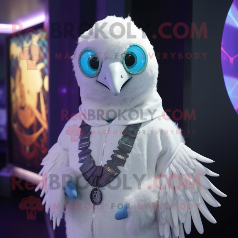 White Peacock mascot costume character dressed with a Hoodie and Necklaces White Peacock mascot costume character dressed with a Hoodie and Necklaces