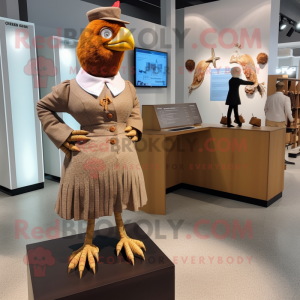 Brown Chicken mascot costume character dressed with a A-Line Dress and Cufflinks