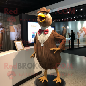 Brown Chicken mascot costume character dressed with a A-Line Dress and Cufflinks