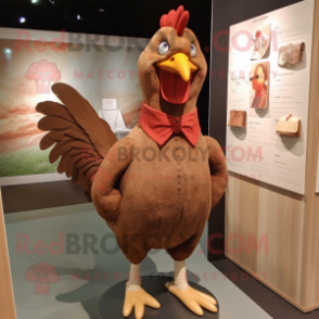 Brown Chicken mascot costume character dressed with a A-Line Dress and Cufflinks