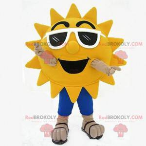 Mascotte de soleil avec des lunettes noires, costume de soleil