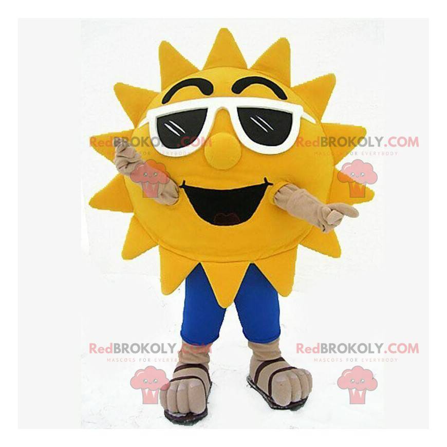 Sluneční maskot s tmavými brýlemi, sluneční kostým -