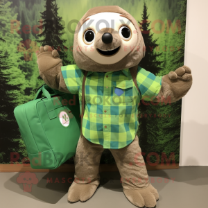 Green Sloth mascot costume character dressed with a Flannel Shirt and Tote bags