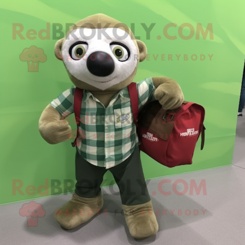 Green Sloth mascot costume character dressed with a Flannel Shirt and Tote bags Green Sloth mascot costume character dressed with a Flannel Shirt and Tote bags