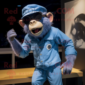 Blue Baboon mascot costume character dressed with a Jumpsuit and Sunglasses