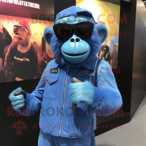 Blue Baboon mascot costume character dressed with a Jumpsuit and Sunglasses