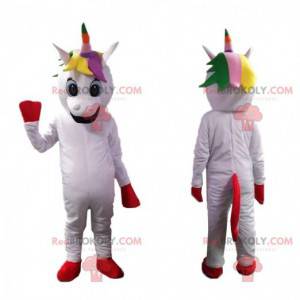 Mascotte de licorne souriante, costume féérique coloré -