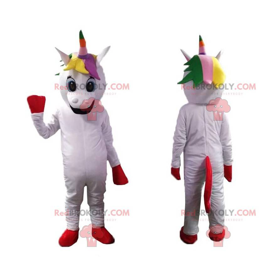 Mascota unicornio sonriente, colorido disfraz de hada -