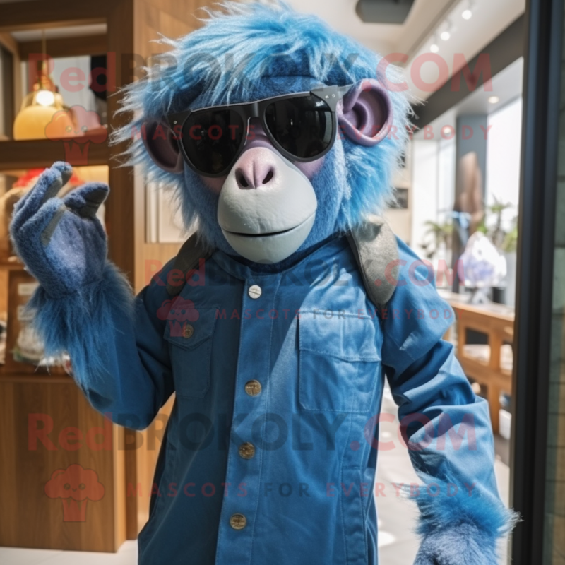 Blue Baboon mascot costume character dressed with a Jumpsuit and Sunglasses