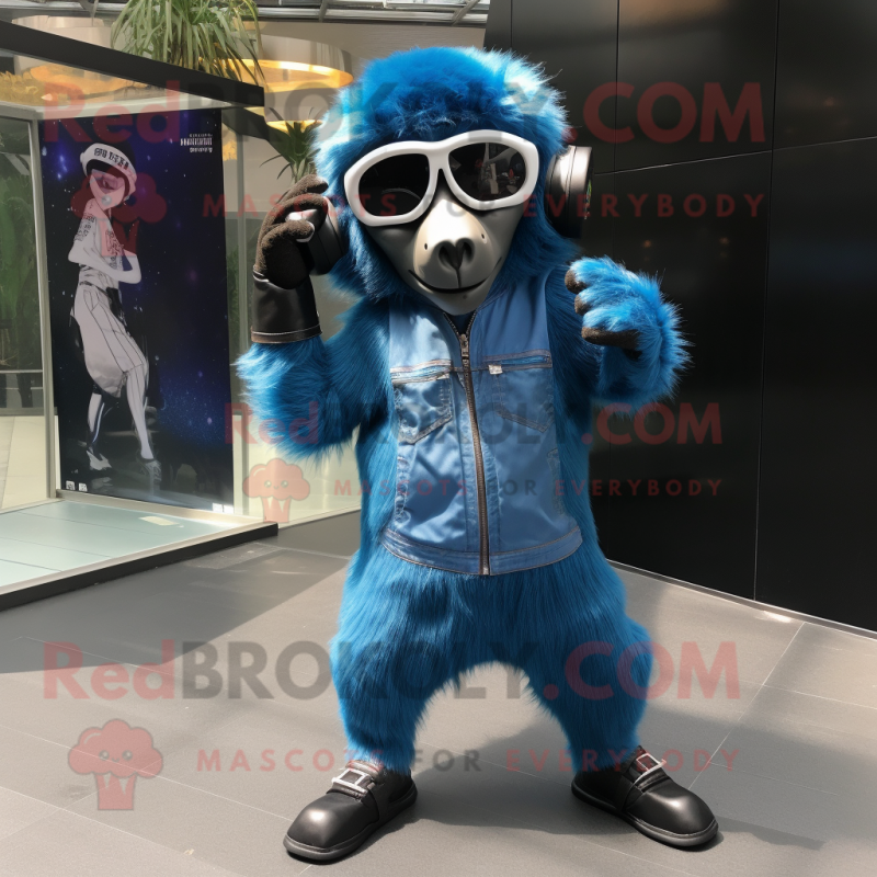 Blue Baboon mascot costume character dressed with a Jumpsuit and Sunglasses