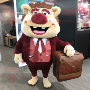 Maroon Pulled Pork Sandwich mascot costume character dressed with a Cardigan and Briefcases