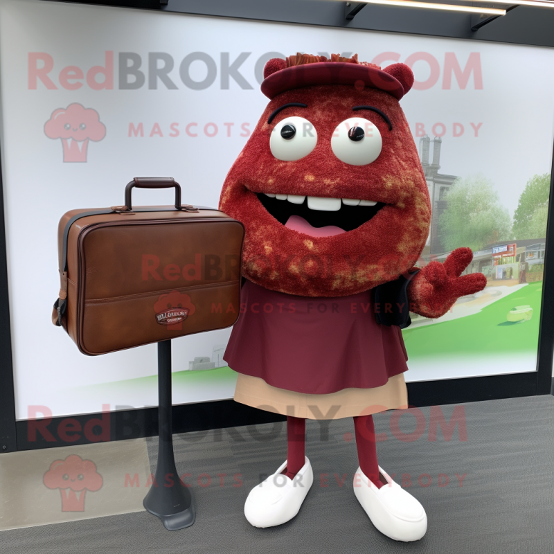 Maroon Pulled Pork Sandwich mascot costume character dressed with a Cardigan and Briefcases Maroon Pulled Pork Sandwich mascot costume character dressed with a Cardigan and Briefcases