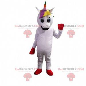 Mascota unicornio sonriente, colorido disfraz de hada -
