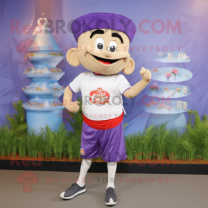 Lavender Pad Thai mascot costume character dressed with a Running Shorts and Handbags