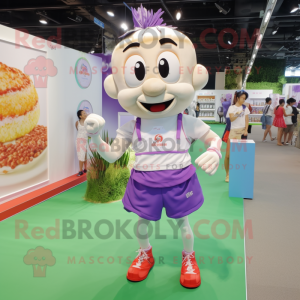 Lavender Pad Thai mascot costume character dressed with a Running Shorts and Handbags