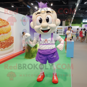 Lavender Pad Thai mascot costume character dressed with a Running Shorts and Handbags