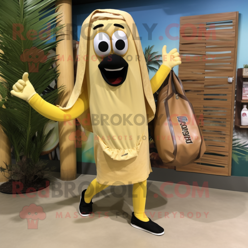 Tan Banana mascot costume character dressed with a Board Shorts and Tote bags