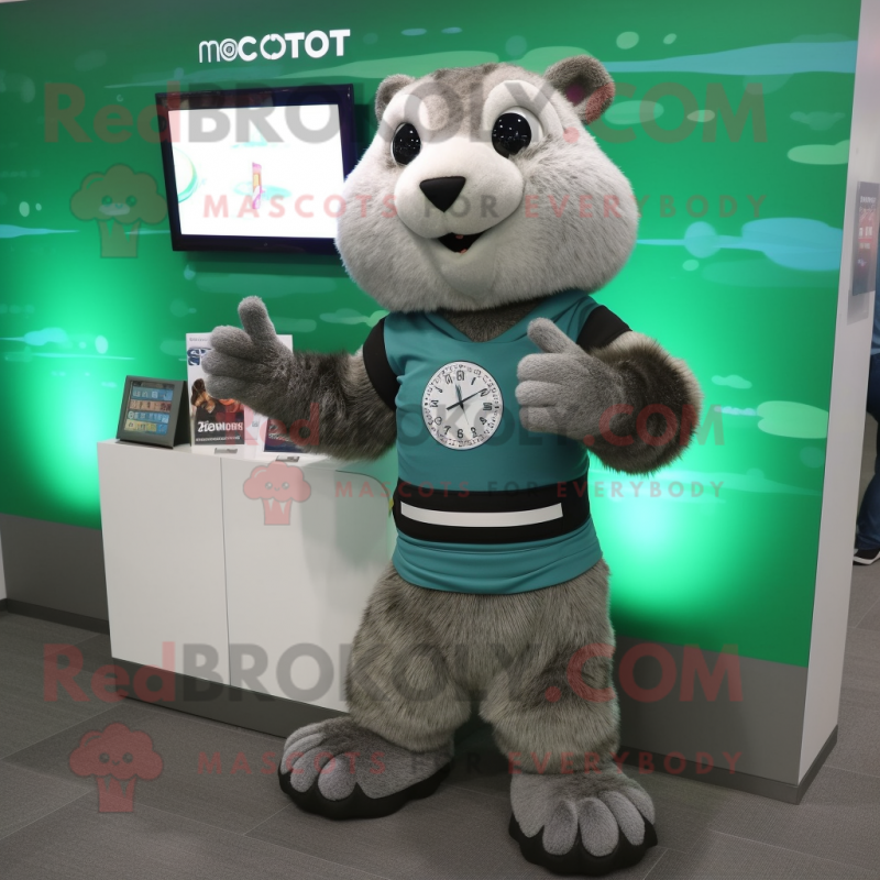 Gray Marmot mascot costume character dressed with a Turtleneck and Digital watches Gray Marmot mascot costume character dressed with a Turtleneck and Digital watches