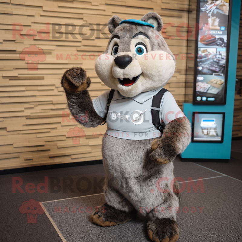 Gray Marmot mascot costume character dressed with a Turtleneck and Digital watches