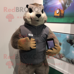 Gray Marmot mascot costume character dressed with a Turtleneck and Digital watches