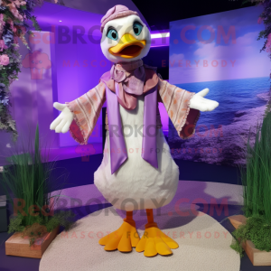 Lavender Duck mascot costume character dressed with a Vest and Shawl pins