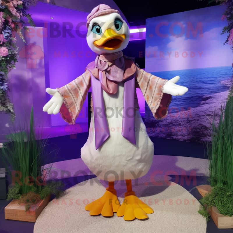 Lavender Duck mascot costume character dressed with a Vest and Shawl pins Lavender Duck mascot costume character dressed with a Vest and Shawl pins