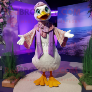 Lavender Duck mascot costume character dressed with a Vest and Shawl pins