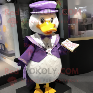 Lavender Duck mascot costume character dressed with a Vest and Shawl pins