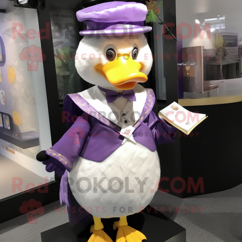 Lavender Duck mascot costume character dressed with a Vest and Shawl pins Lavender Duck mascot costume character dressed with a Vest and Shawl pins