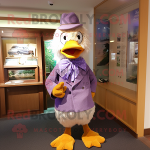 Lavender Duck mascot costume character dressed with a Vest and Shawl pins