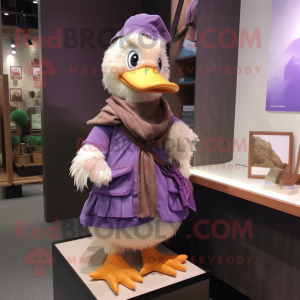 Lavender Duck mascot costume character dressed with a Vest and Shawl pins