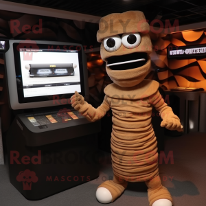 Brown Mummy mascot costume character dressed with a Tuxedo and Digital watches