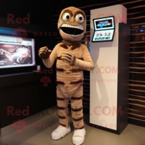 Brown Mummy mascot costume character dressed with a Tuxedo and Digital watches