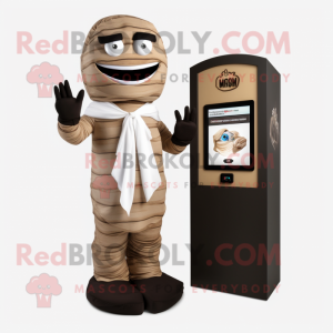 Brown Mummy mascot costume character dressed with a Tuxedo and Digital watches
