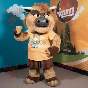 Tan Buffalo mascot costume character dressed with a Graphic Tee and Rings