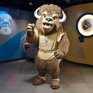 Tan Buffalo mascot costume character dressed with a Graphic Tee and Rings