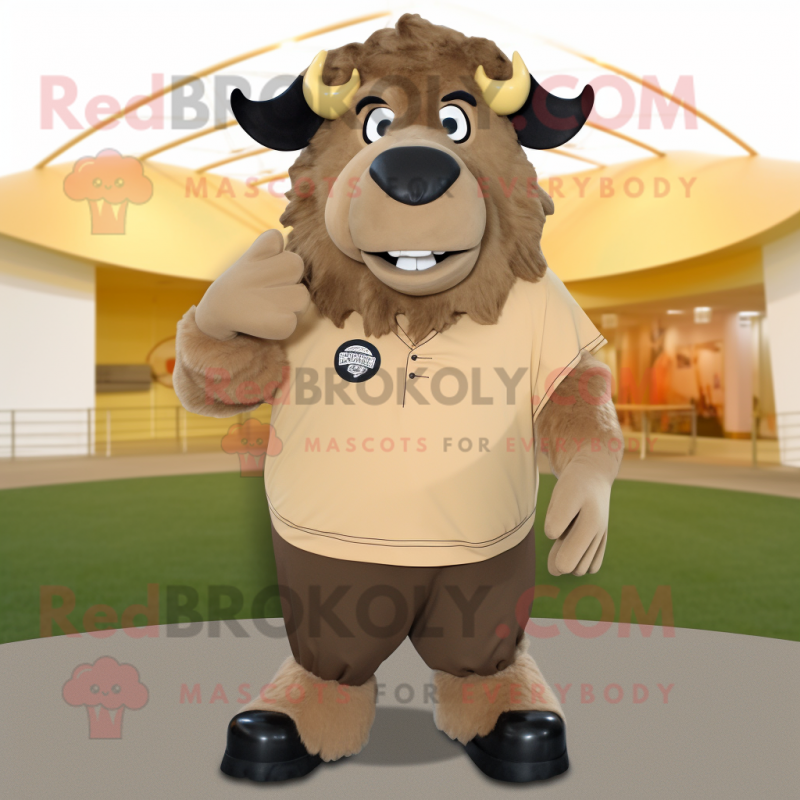 Tan Buffalo mascot costume character dressed with a Graphic Tee and Rings