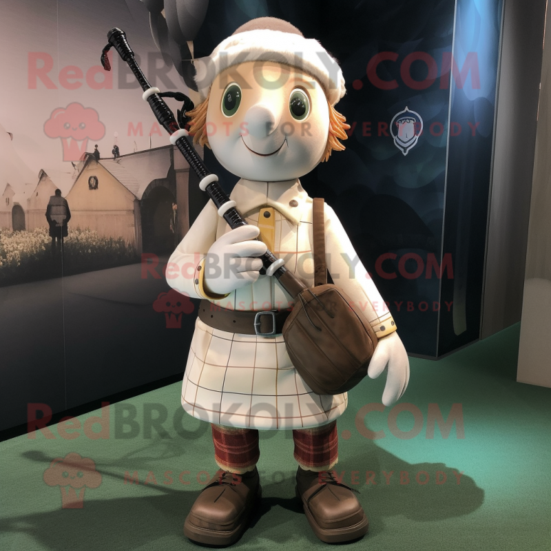 White Bagpipe mascot costume character dressed with a Chinos and Messenger bags White Bagpipe mascot costume character dressed with a Chinos and Messenger bags