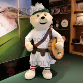 White Bagpipe mascot costume character dressed with a Chinos and Messenger bags