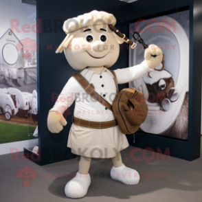 White Bagpipe mascot costume character dressed with a Chinos and Messenger bags