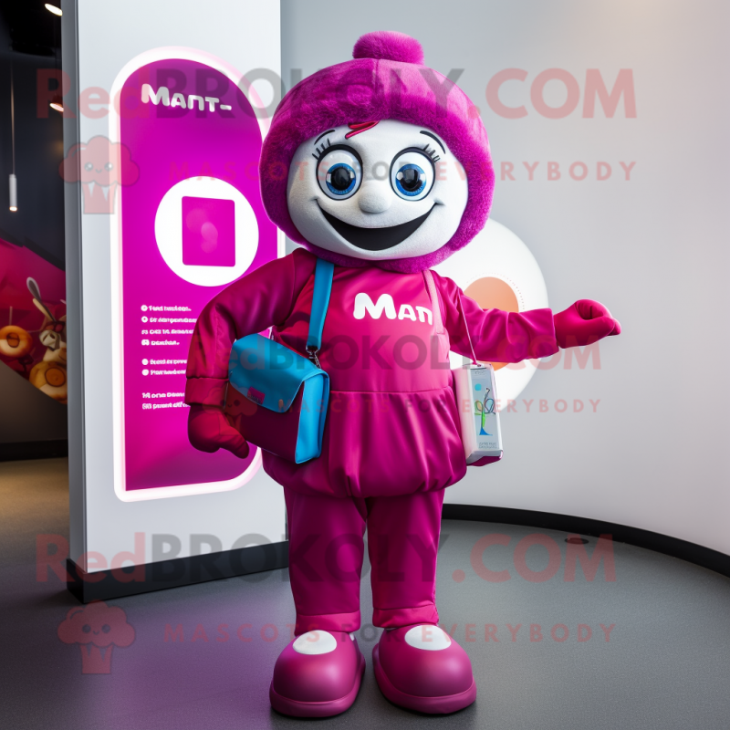 Magenta Momentum mascot costume character dressed with a Playsuit and Handbags Magenta Momentum mascot costume character dressed with a Playsuit and Handbags
