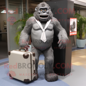 Gray Gorilla mascot costume character dressed with a Suit Pants and Briefcases