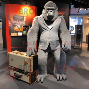 Gray Gorilla mascot costume character dressed with a Suit Pants and Briefcases