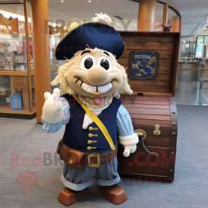 Navy Treasure Chest mascot costume character dressed with a Midi Dress and Backpacks