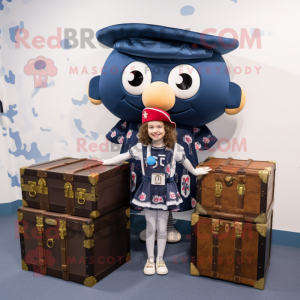 Navy Treasure Chest mascot costume character dressed with a Midi Dress and Backpacks