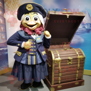 Navy Treasure Chest mascot costume character dressed with a Midi Dress and Backpacks