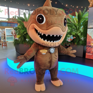 Brown Shark mascot costume character dressed with a Playsuit and Rings